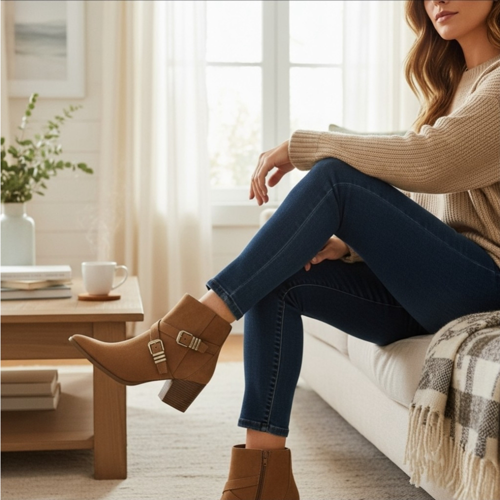 Sun + Stone Womens Modern Western Block Heel Booties Boots - 8 M TAN BROWN